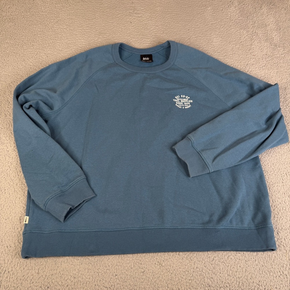 REI Sweatshirt Mens XXXL Blue Trail Supplies Graphic Raglan Fleece Pullover